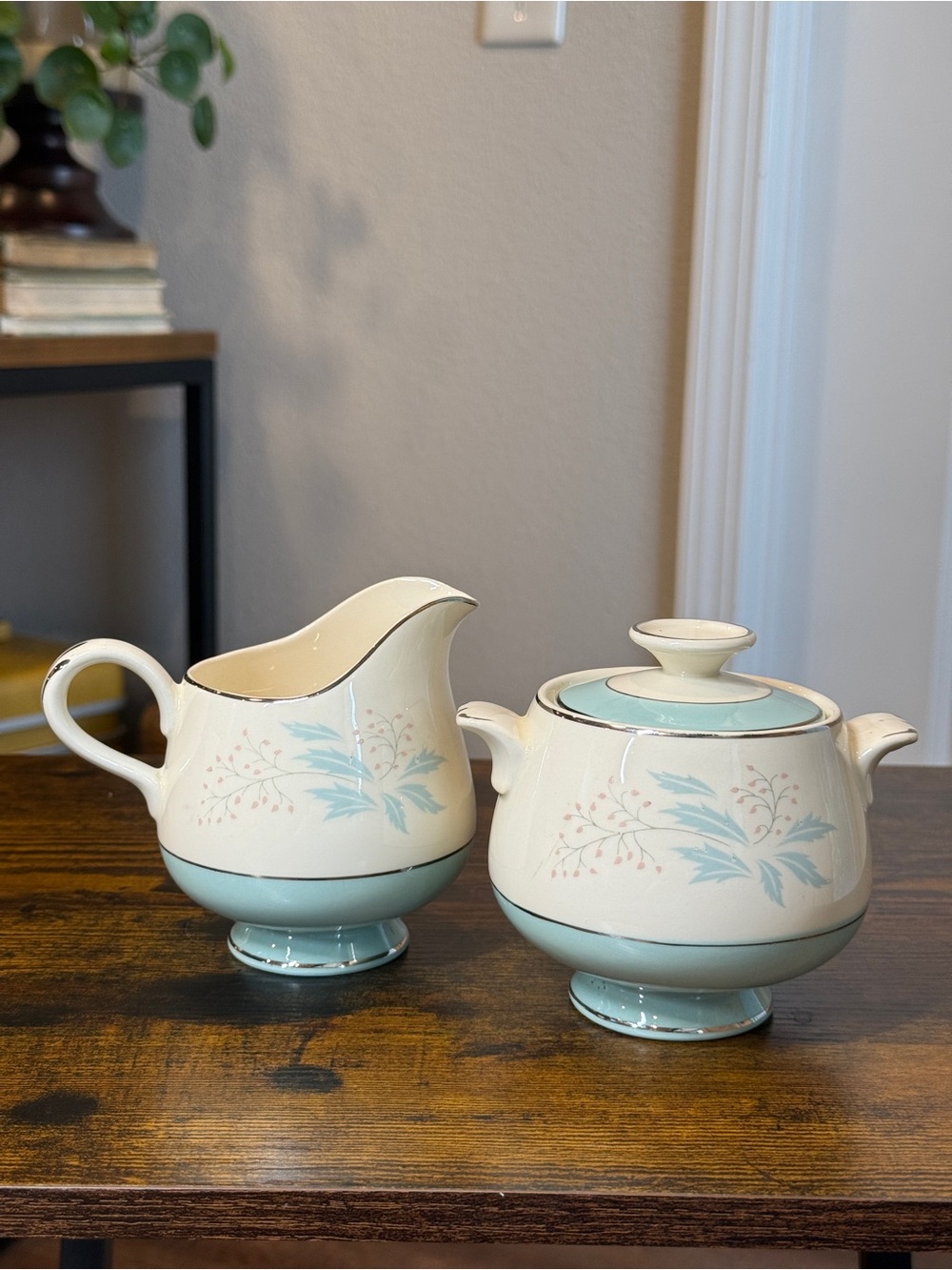Vintage Mid Century Creamer & Sugar Bowl Set Aqua Blue Pink Floral Silver Trim